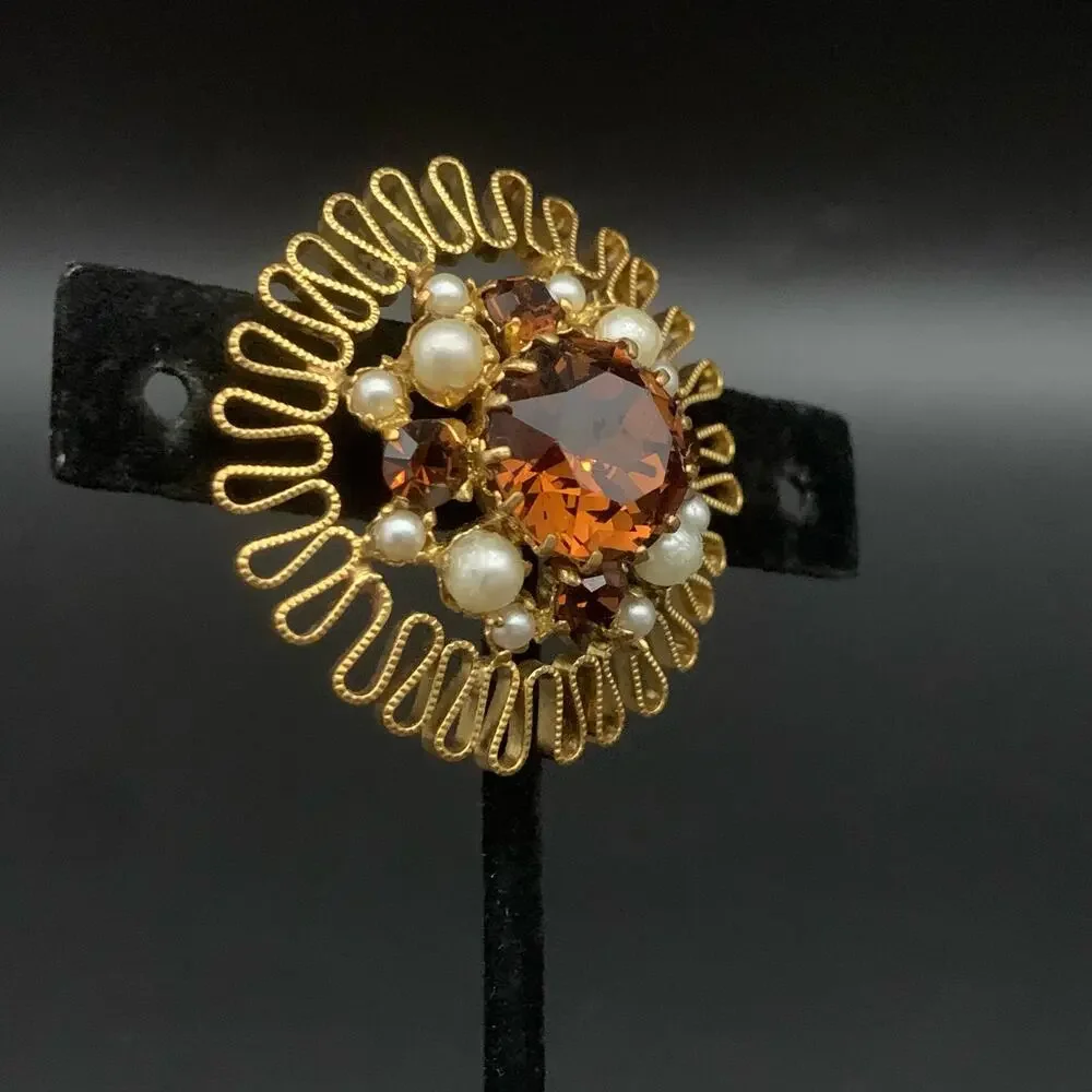 Vintage Austrian Crystal Brooch Pin Made In Austria Smokey Amber Brown Crystal